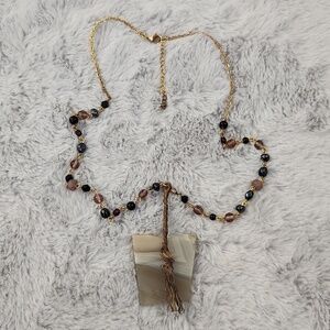 Artisan Agate Wire Wrapped Pendant Necklace Beaded Gold Tone Boho